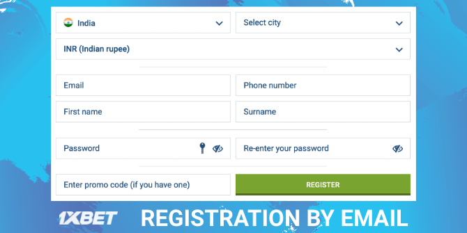 You can register on the 1xbet website using email
