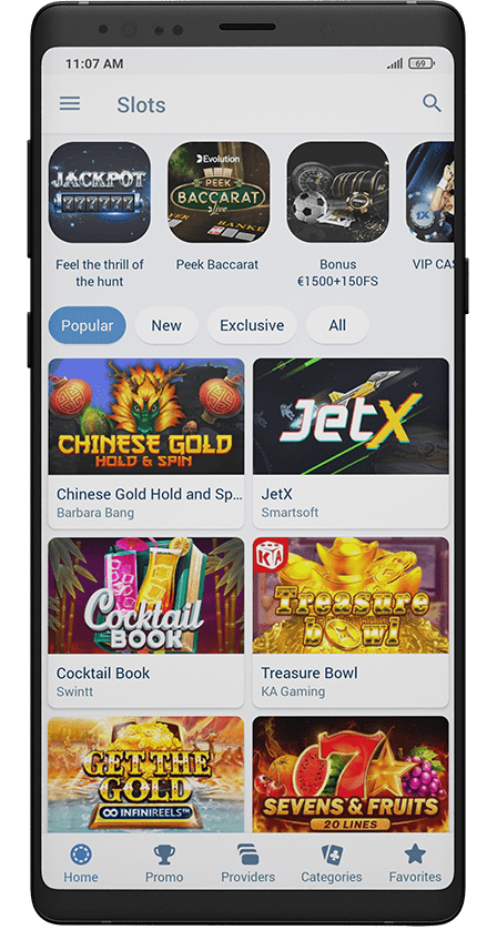 Section with casino games at 1xbet application