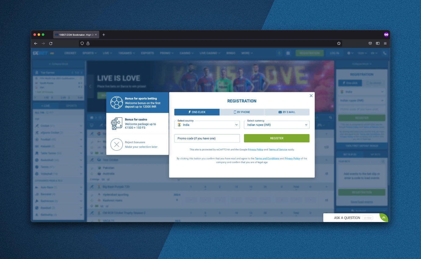 1xbet registration form