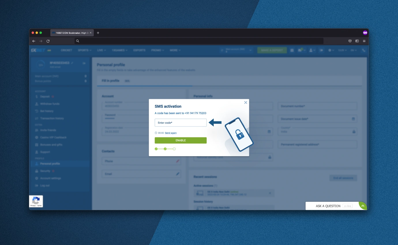 1xbet phone number activation