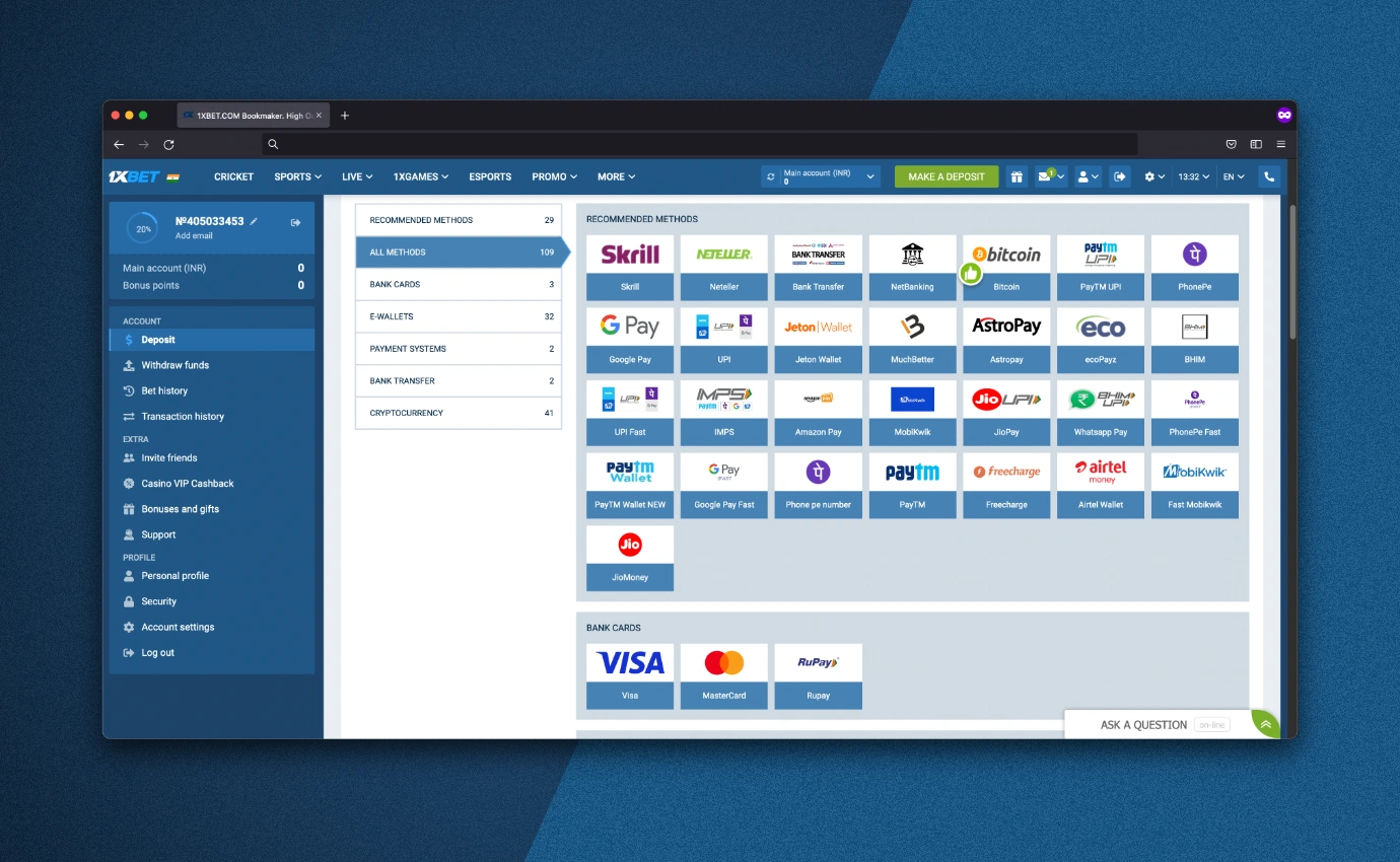 available payment methods on the bookmaker's site 1xbet